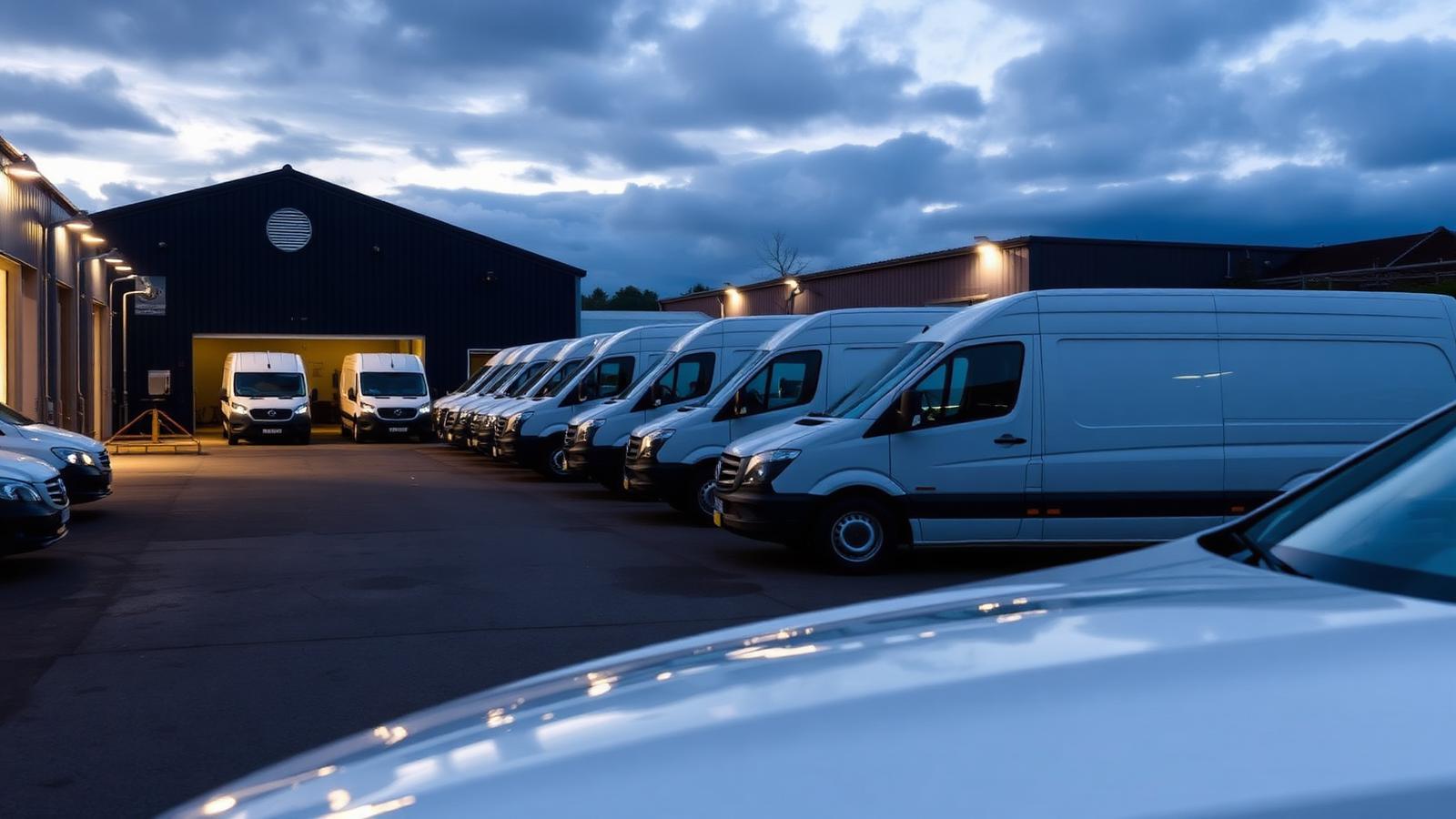 Fleet of clean white vans lined up outside the High Detail unit at dusk